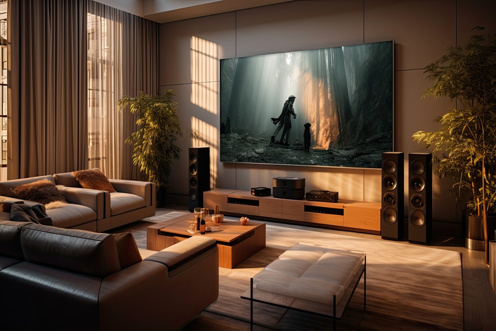 Un elegante espacio de cine en casa con una gran pantalla, sistema de sonido envolvente y mobiliario moderno, ideal para disfrutar de películas en un ambiente inmersivo y sofisticado.